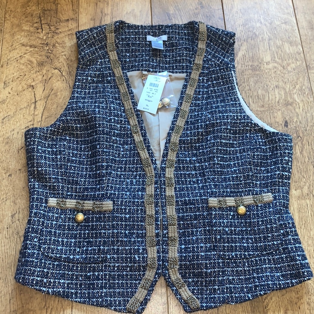 Cache Blue and Gold tweed vest size 14 NWT